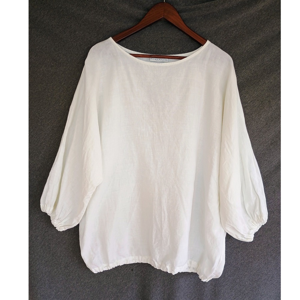 Bryn Walker Womens White 100% Linen Bubble Hem Balloon Sleeve Blouse Size M